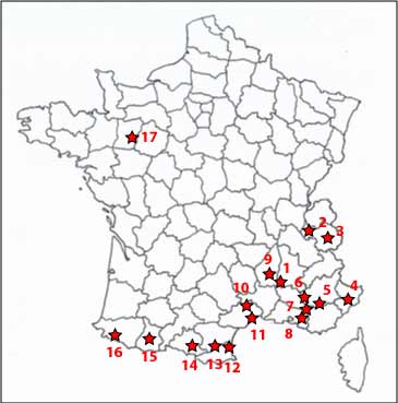 Carte de répartition des cavités thermales